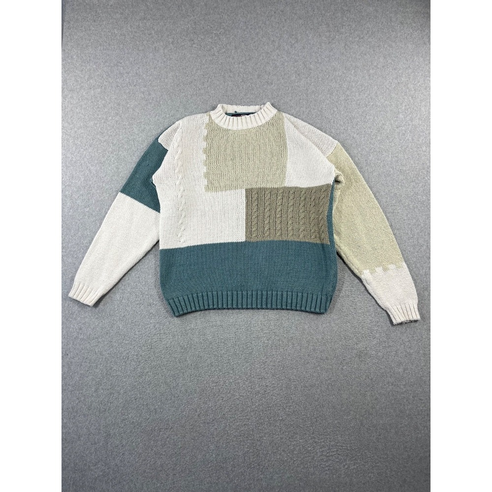 Vintage Haggar Casuals Sweater Mens Green Cream Block Patchwork 90s Silk Blend